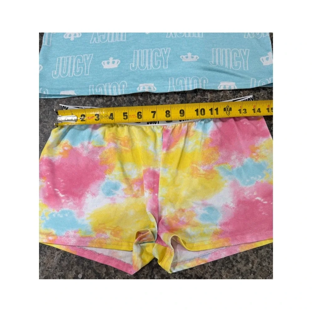 Juicy Couture Girls Pajama Set Size L 14 Blue Logo Top Tie Dye Shorts 2pc‎ PJ